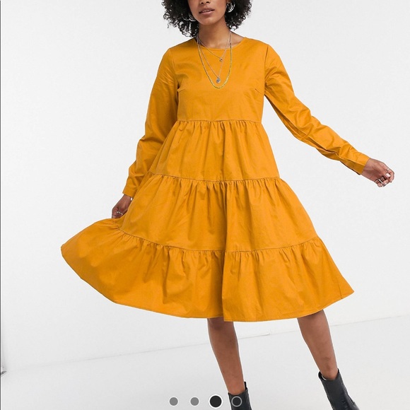 VILA TEIRED MUSTARD YELLOW LONG SLEEVE KNEE LEGNTH SMOCK DRESS - Picture 1 of 2